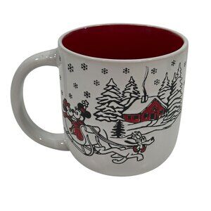 Disney Mickey Minnie Mouse Pluto Sleigh Ride Winter Scene Holiday Coffee Mug